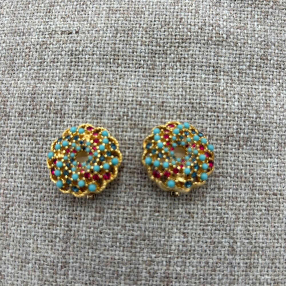 Vintage 1965 Sarah Coventry Song of India Turquoise Rhinestone Clip On Earrings